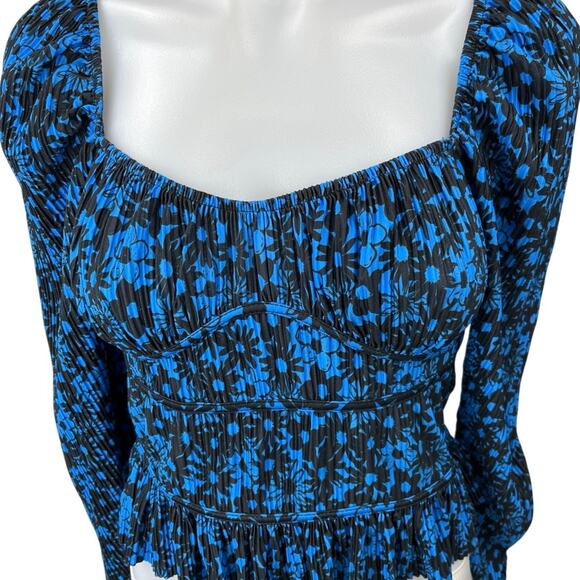 Zara Blue Multicolor Floral Square Neck Long Sleeve Peplum Crop Top Blouse Sz S - Picture 3 of 4
